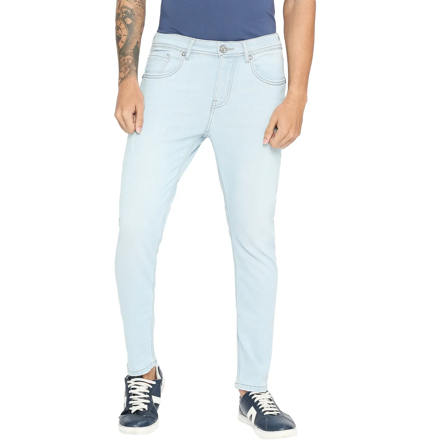Light Blue Cropped Fit Denims For Men By Being Human Clothing