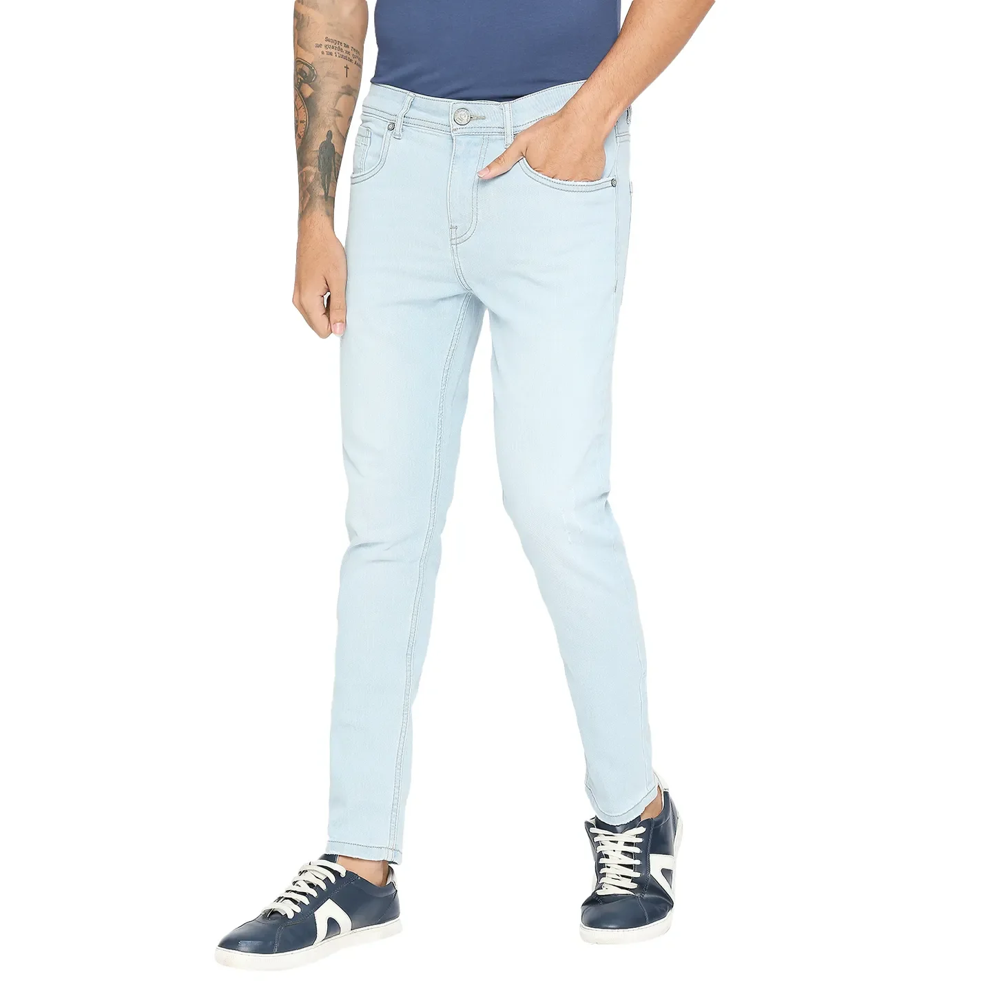 Light Blue Cropped Fit Denims For Men By Being Human Clothing - Image 2
