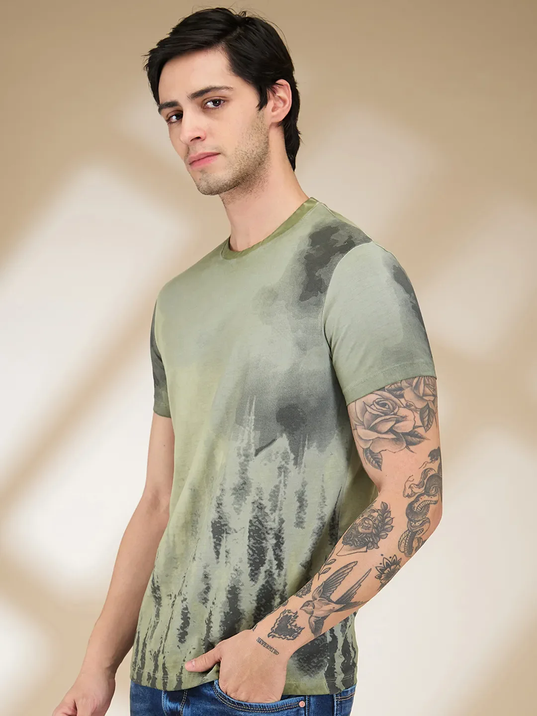 Olive Slim Fit Round Neck Men's T-Shirt by Being Human Clothing - Image 4