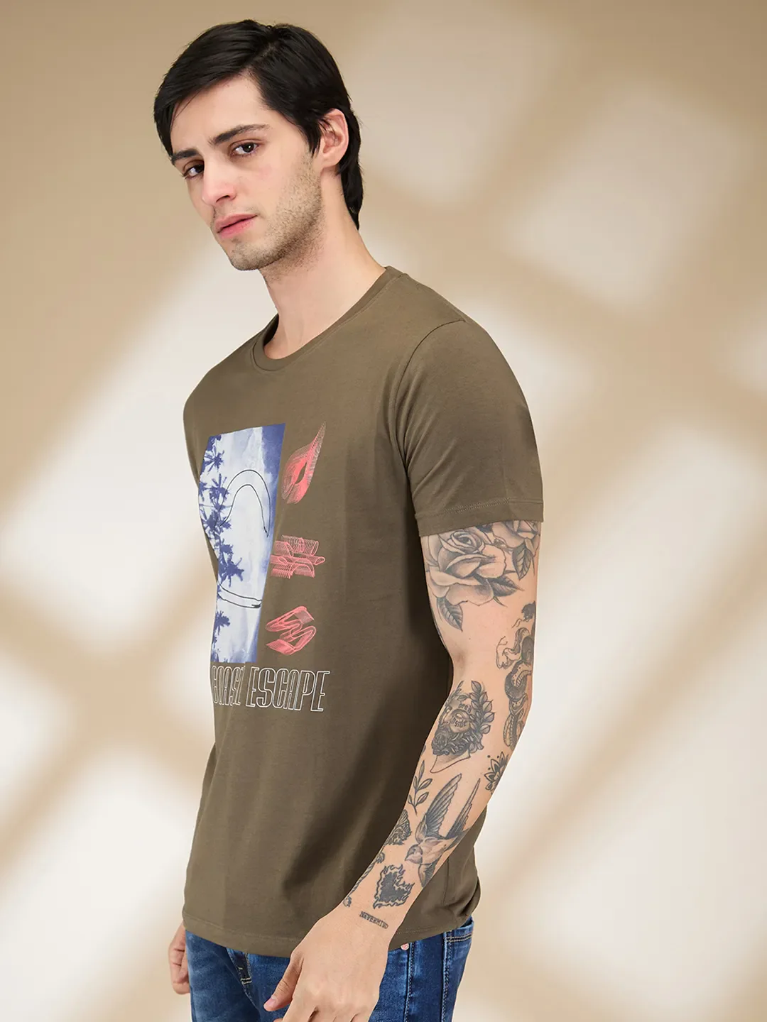 Olive Slim Fit Round Neck Men's T-Shirt by Being Human Clothing - Image 4
