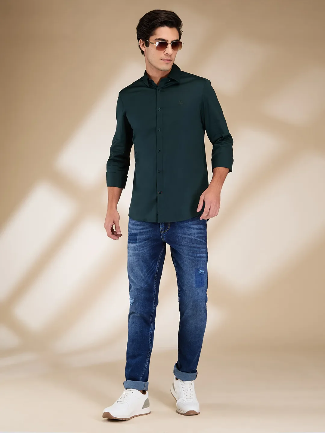 Green Slim Fit Regular Collar Men's Shirt by Being Human Clothing - Image 6