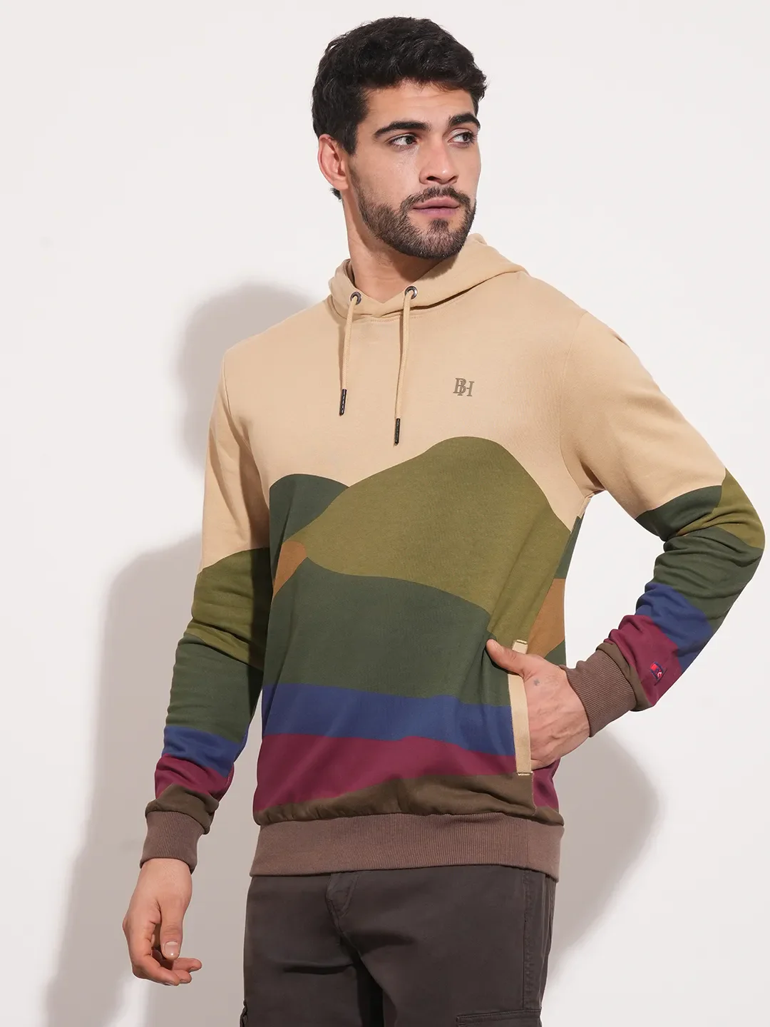 Beige Regular Fit Round Neck Long Sleeves Men's Hoodie by Being Human Clothing - Image 2
