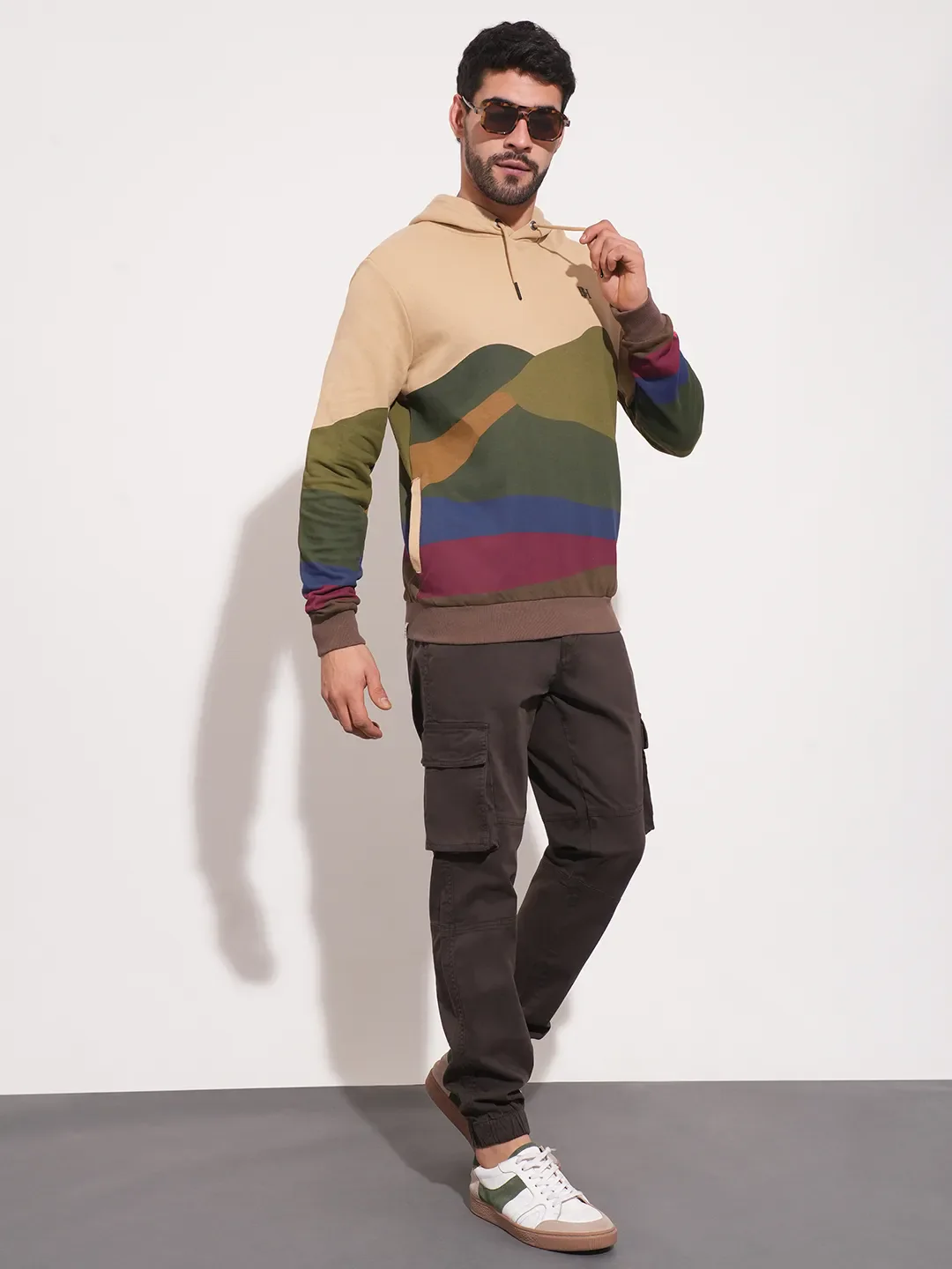 Beige Regular Fit Round Neck Long Sleeves Men's Hoodie by Being Human Clothing - Image 4