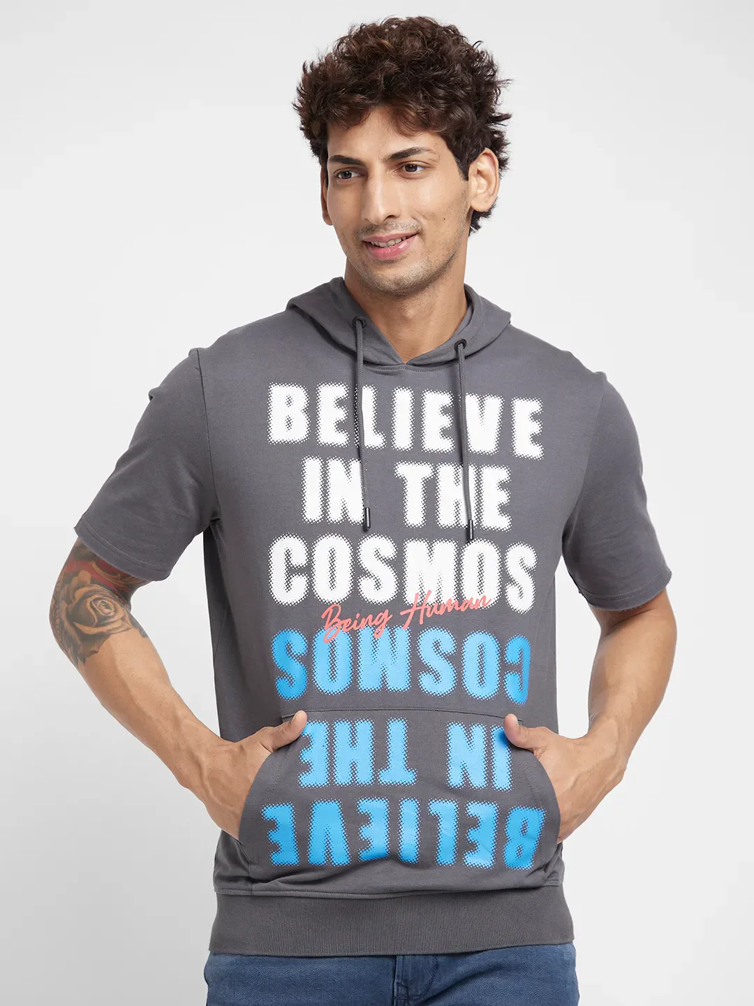 Grey Regular Fit Round Neck Men's Hoodie by Being Human Clothing