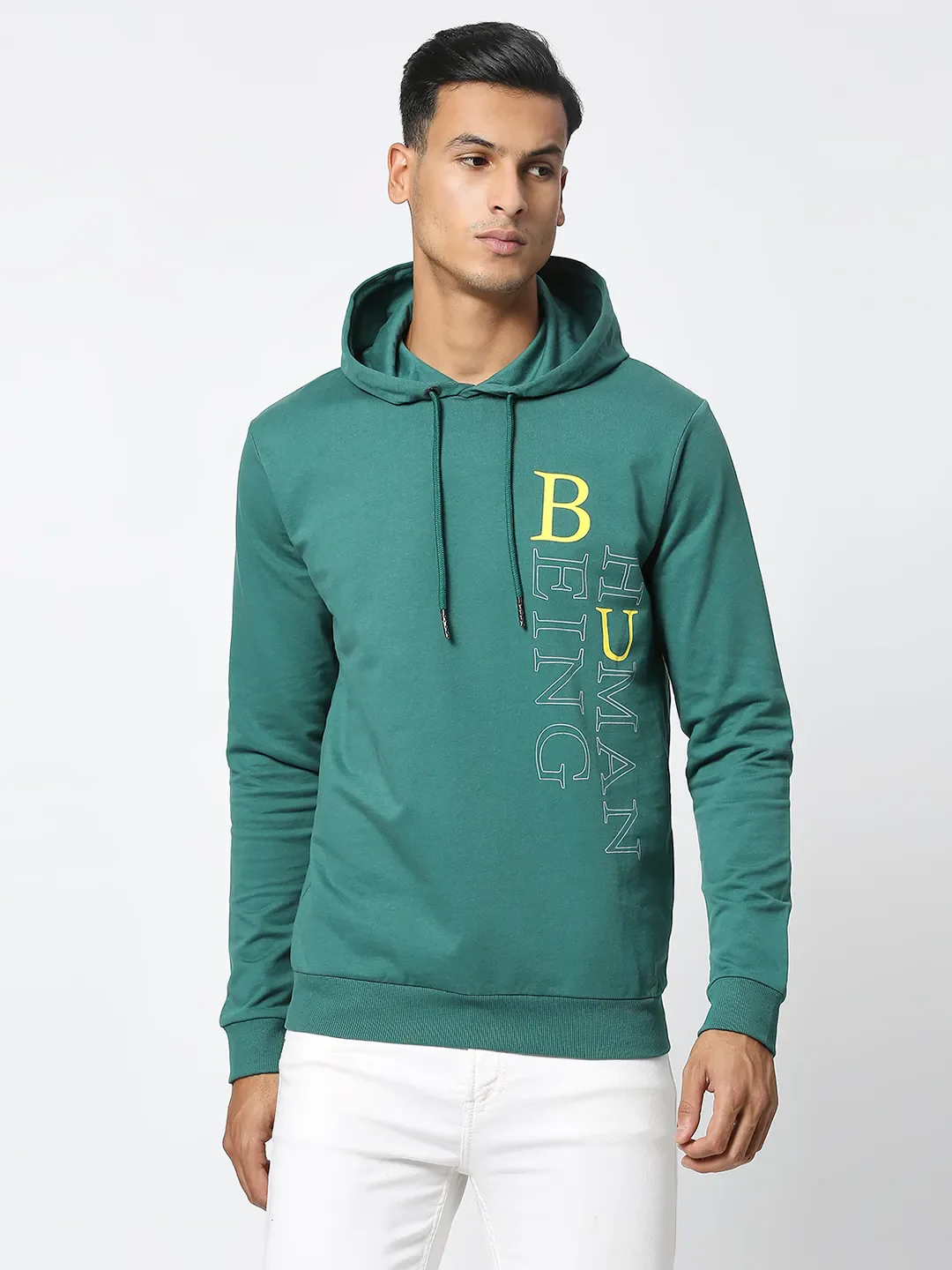 Green Regular Fit  Long Sleeves Men's Hoodie by Being Human Clothing