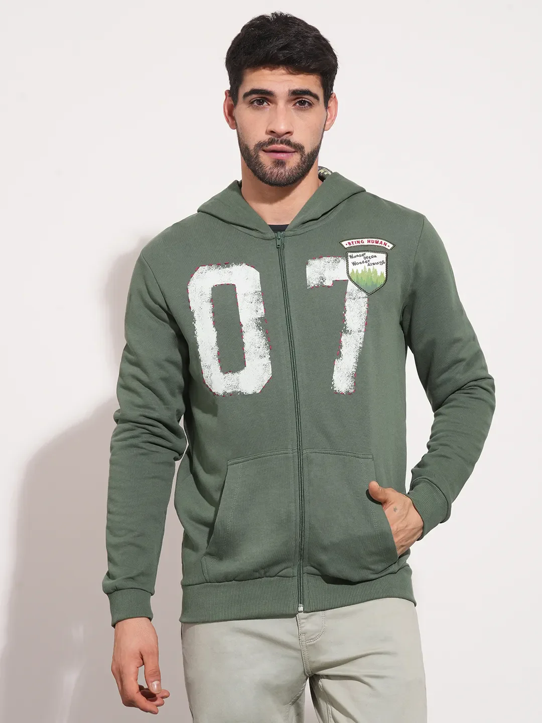 Green Regular Fit Long Sleeves Men's Hoodie by Being Human Clothing
