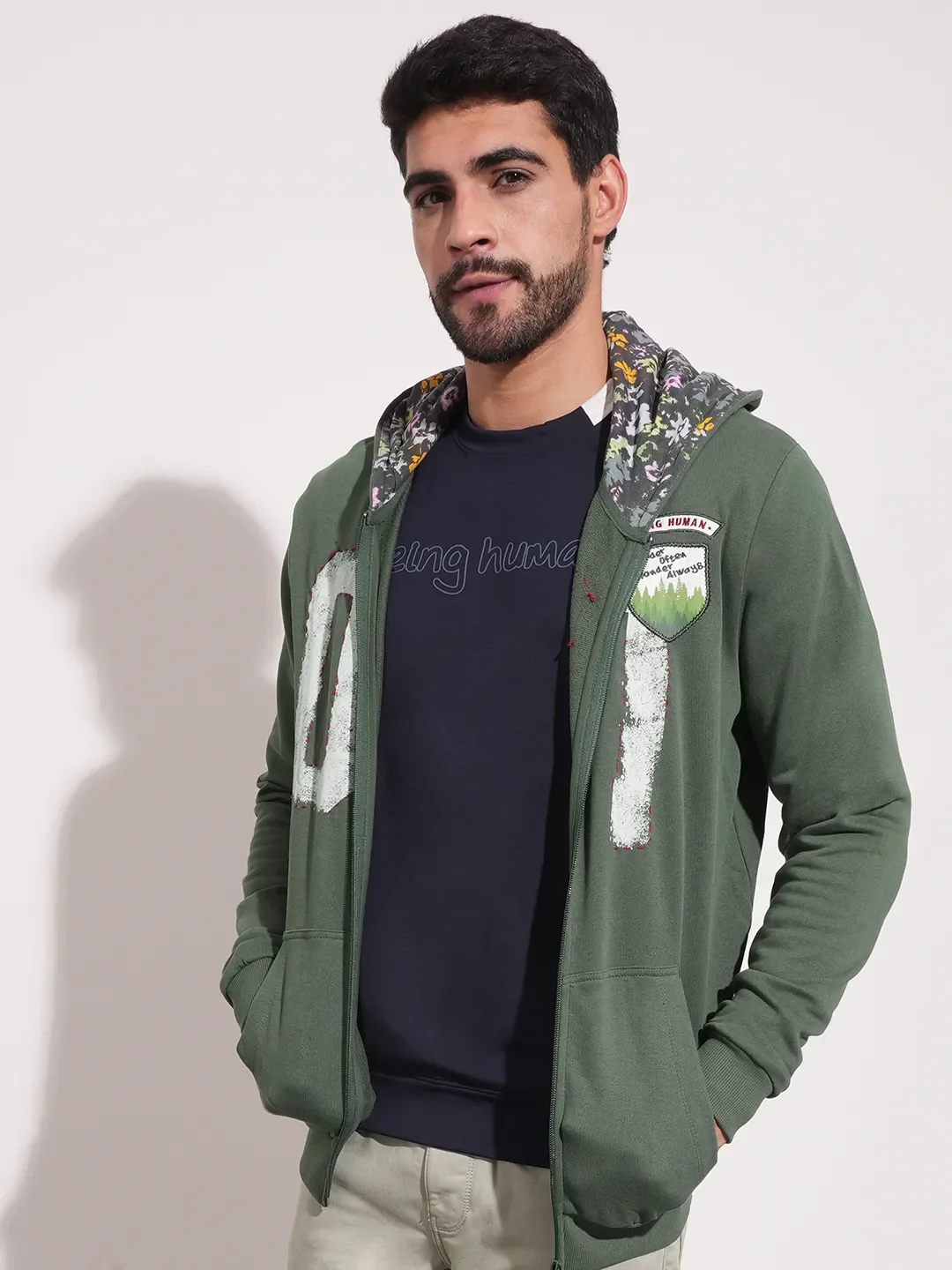 Green Regular Fit Long Sleeves Men's Hoodie by Being Human Clothing - Image 7