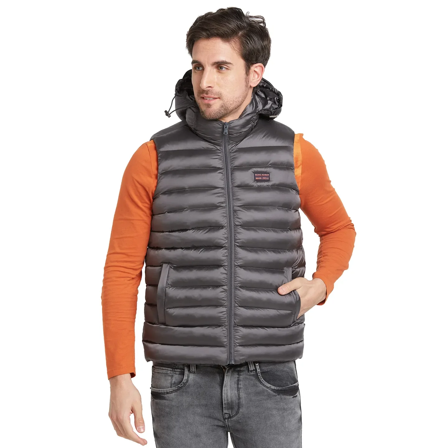 Grey Regular Fit Sleevesles Men's Jacket by Being Human Clothing