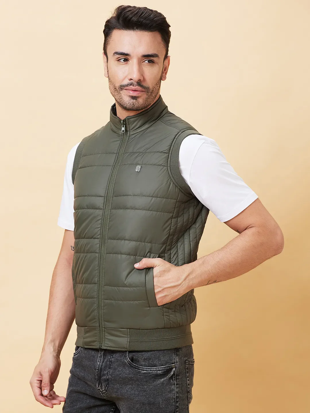 Military Green Regular Fit Men's Jacket by Being Human Clothing - Image 4