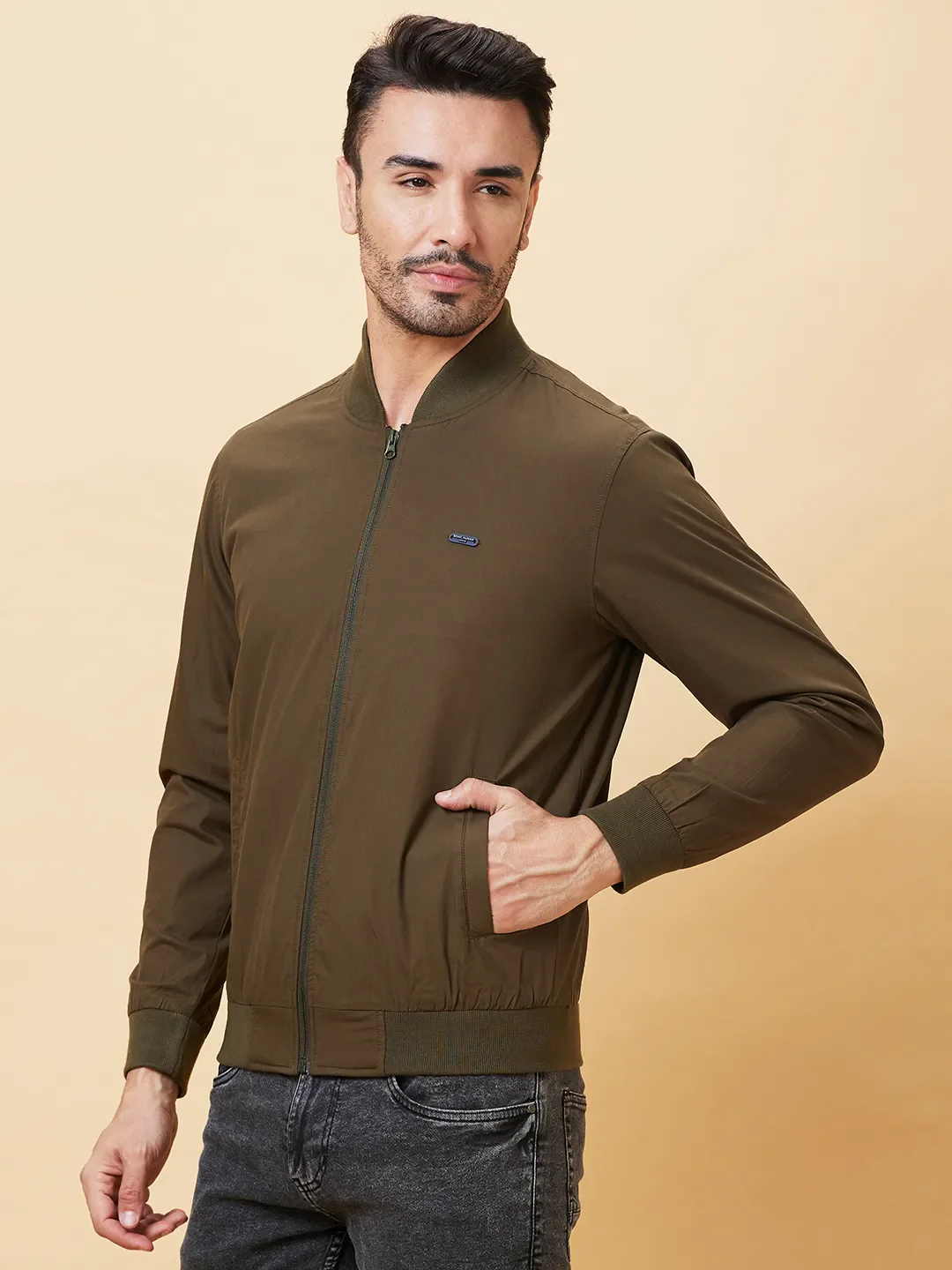 Olive Regular Fit Men's Jacket by Being Human Clothing - Image 4