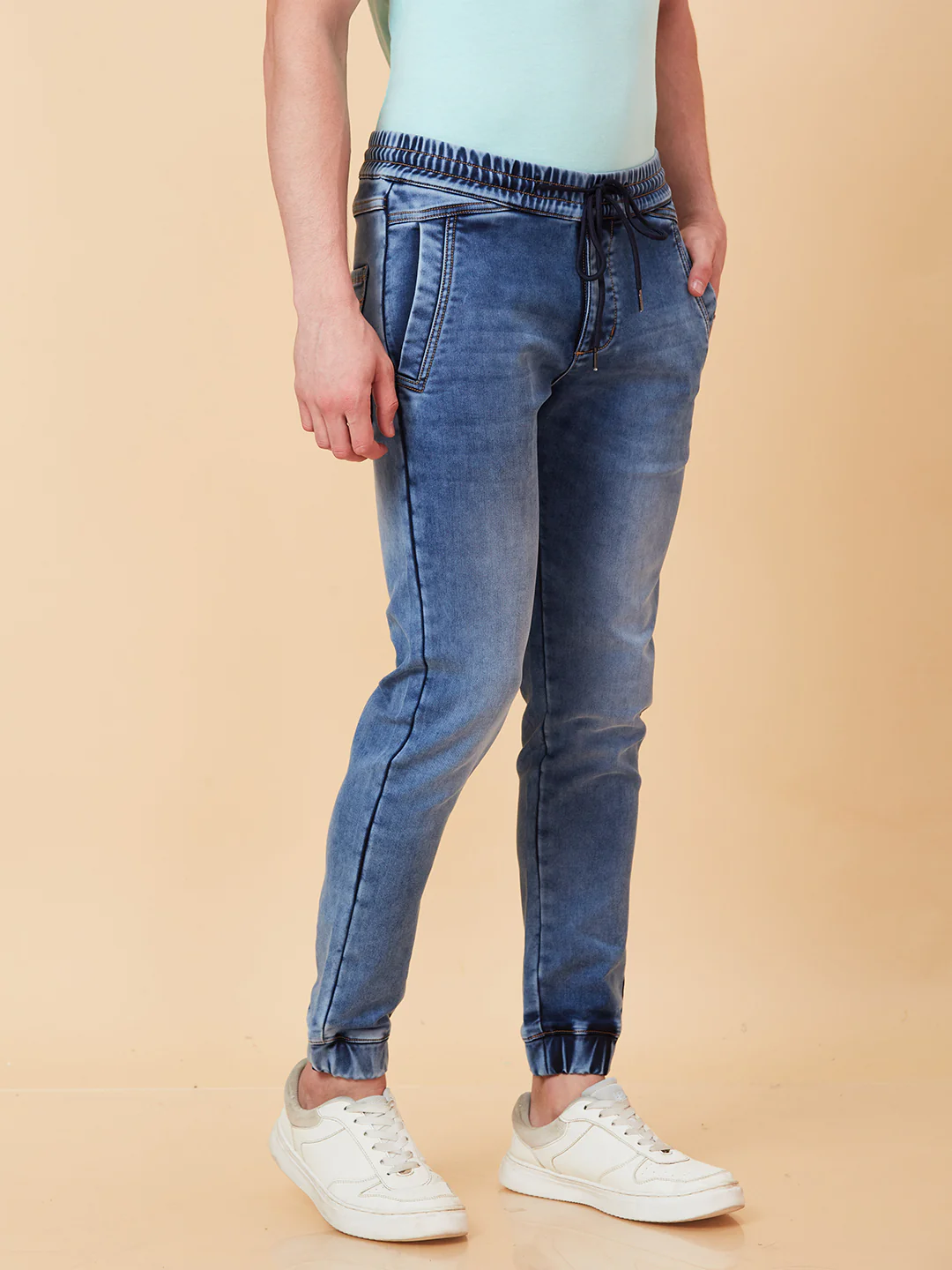 Light Blue Jogger Fit Denims For Men By Being Human Clothing - Image 4