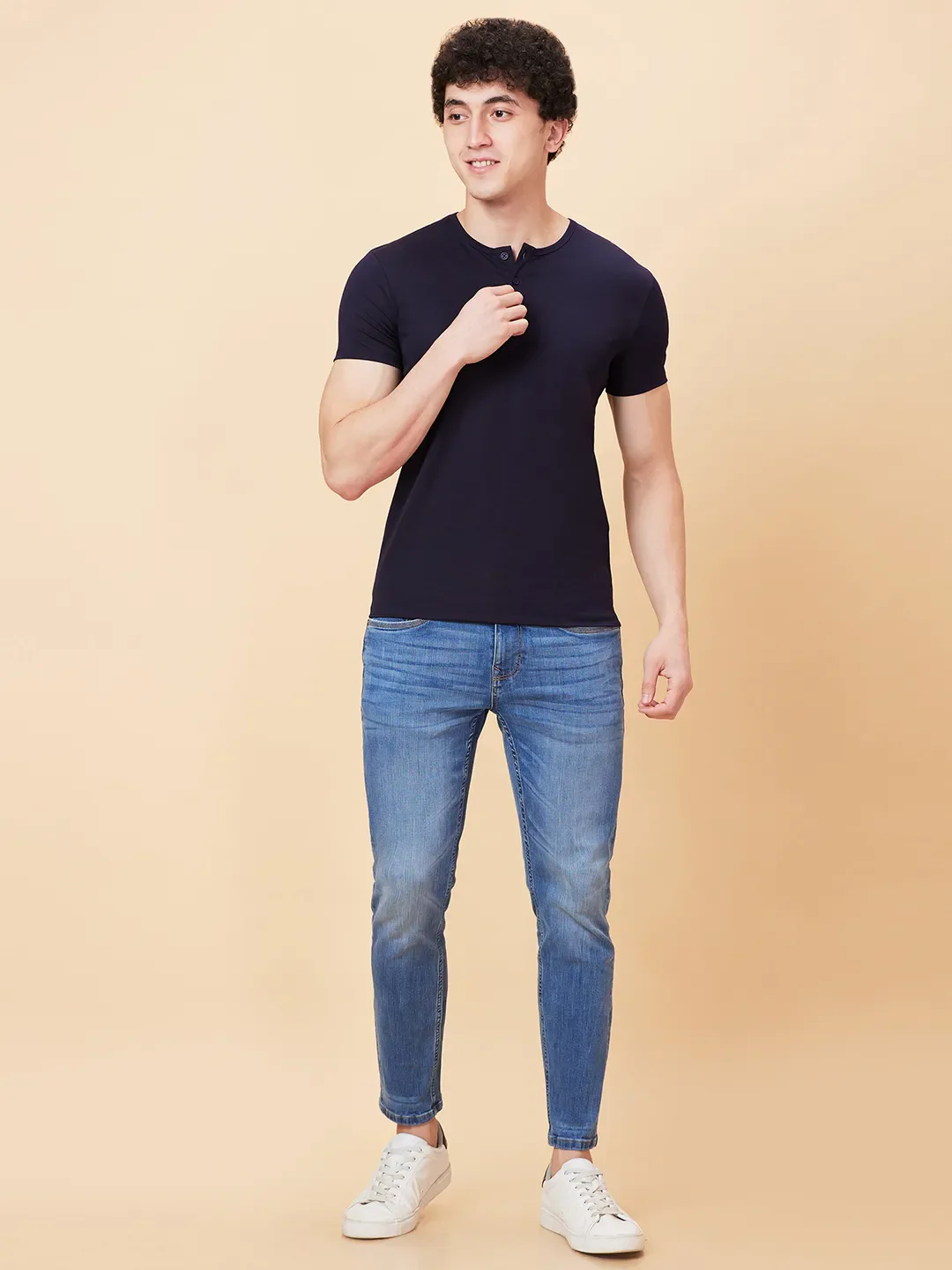 Navy Regular Fit Henley Neck Men's T-Shirt by Being Human Clothing - Image 2