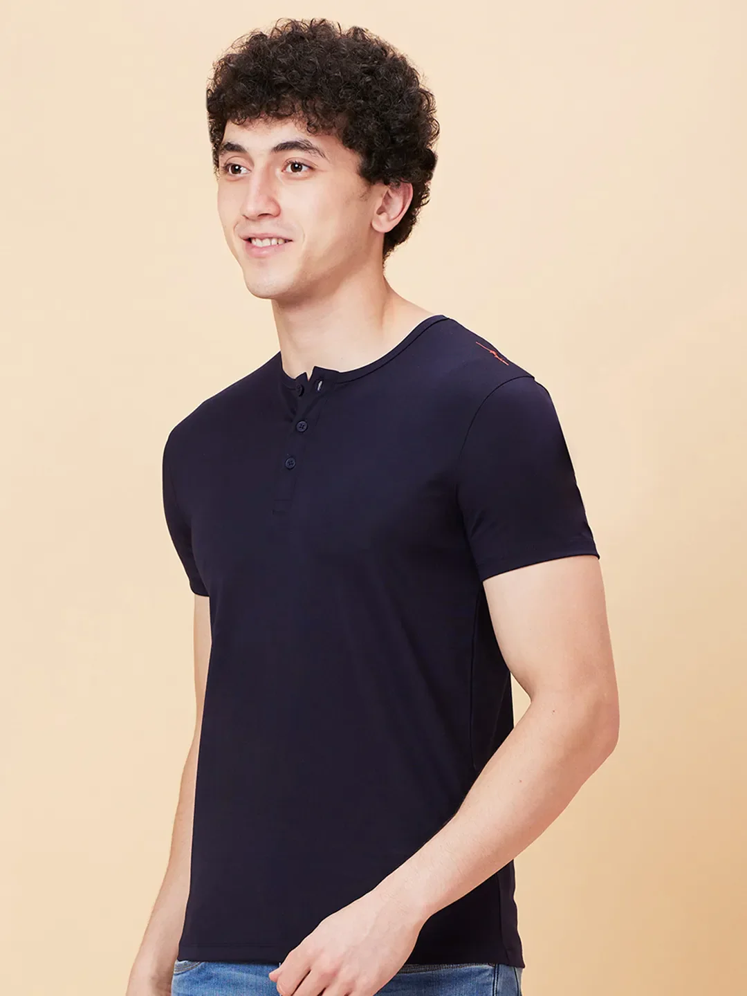 Navy Regular Fit Henley Neck Men's T-Shirt by Being Human Clothing - Image 4