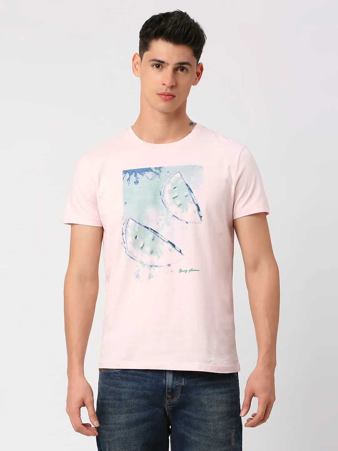 Powder Pink Regular Fit Round Neck Men's T-Shirt by Being Human Clothing - Image 12
