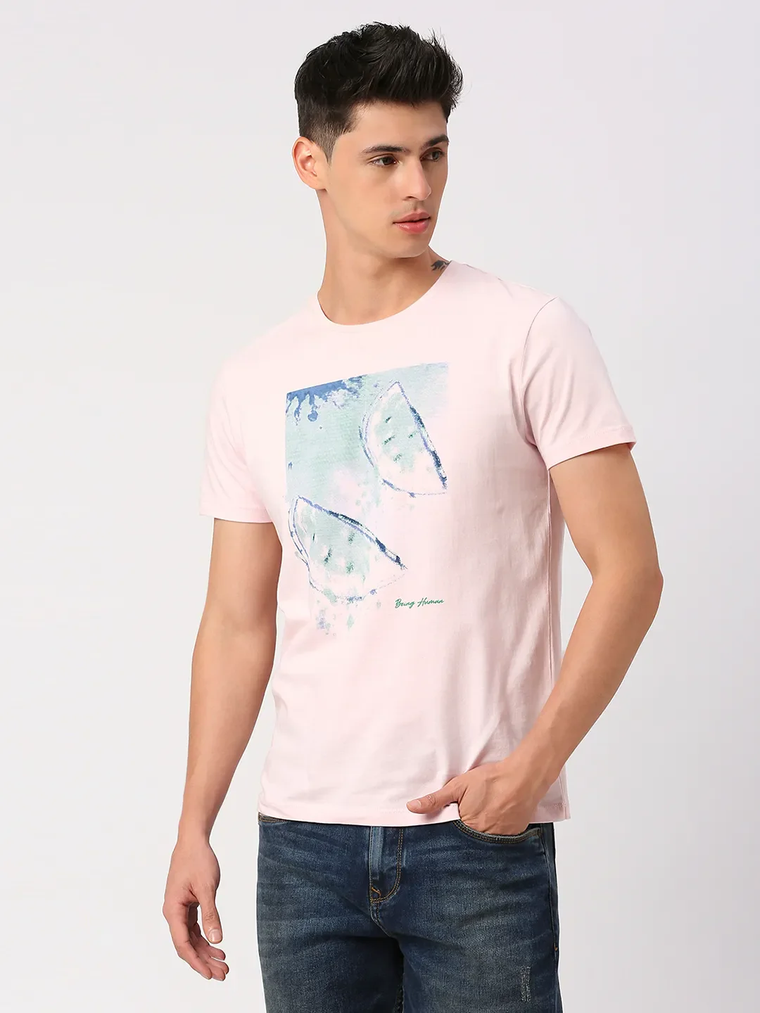 Powder Pink Regular Fit Round Neck Men's T-Shirt by Being Human Clothing - Image 2