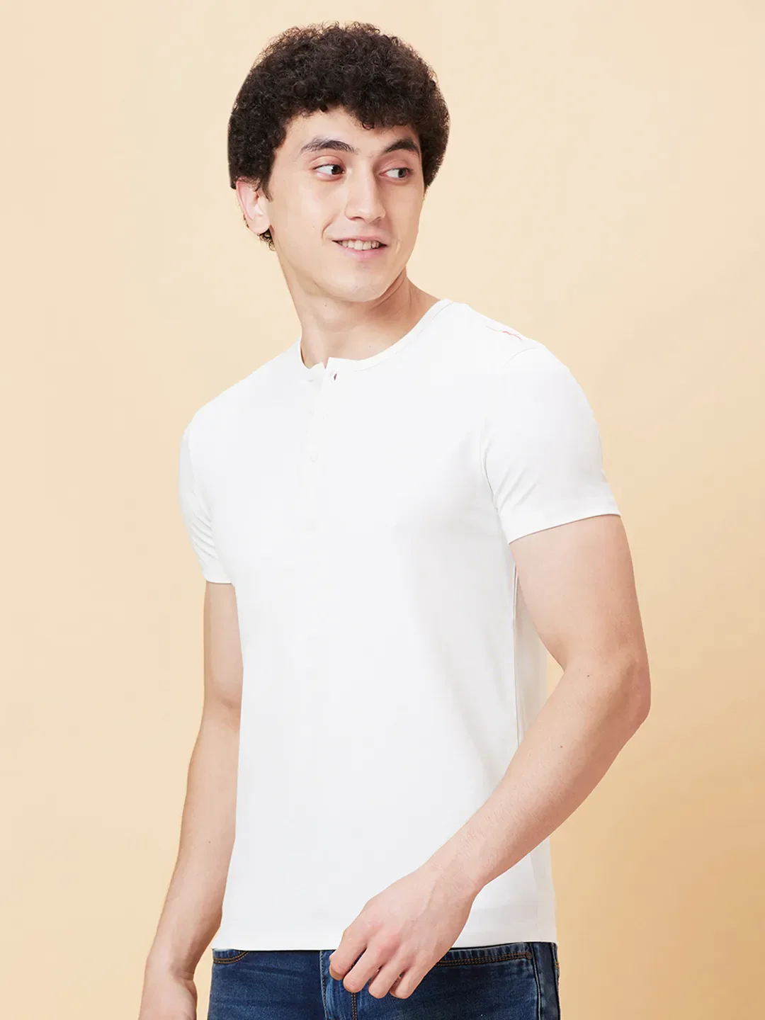 White Regular Fit Henley Neck Men's T-Shirt by Being Human Clothing - Image 4