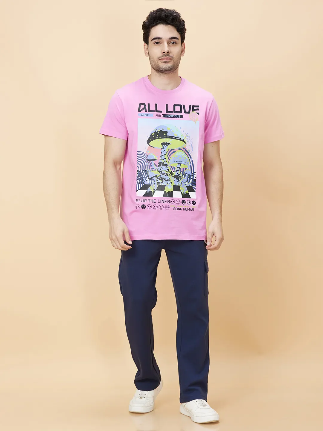 Baby Pink Regular Fit Round Neck Men's T-Shirt by Being Human Clothing - Image 5