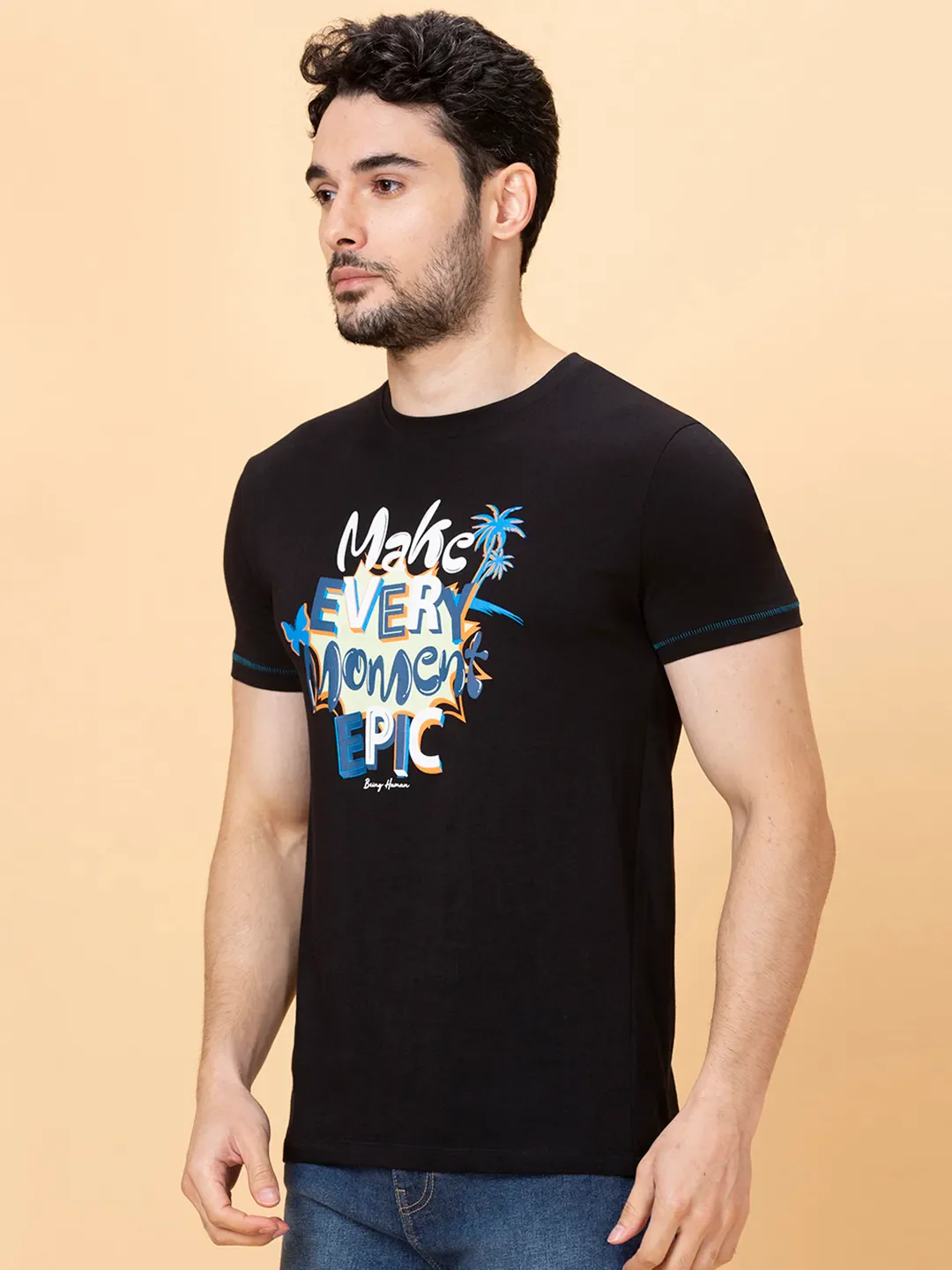 Black Regular Fit Round Neck Men's T-Shirt by Being Human Clothing - Image 4