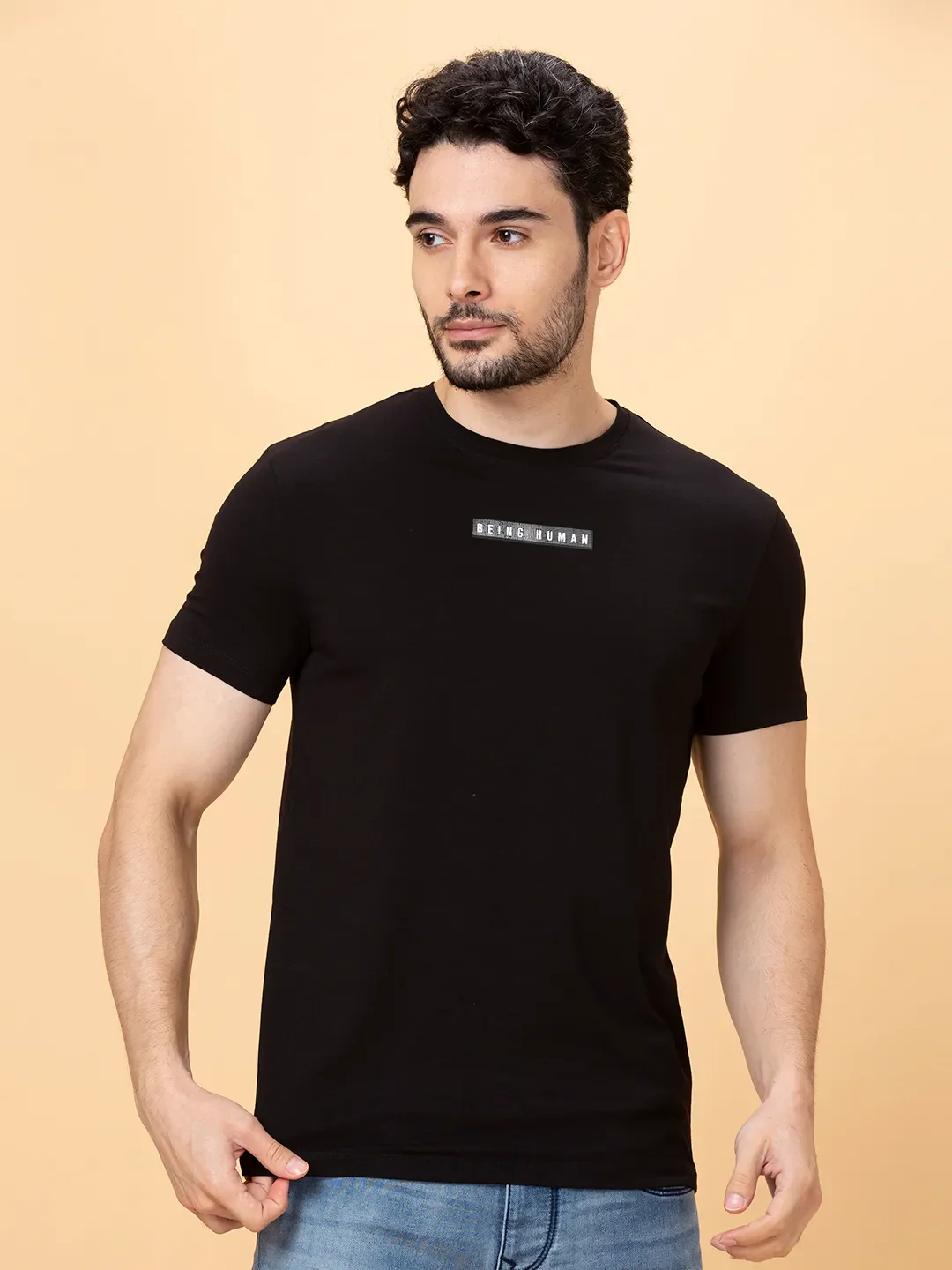 Black Regular Fit Round Neck Men's T-Shirt by Being Human Clothing