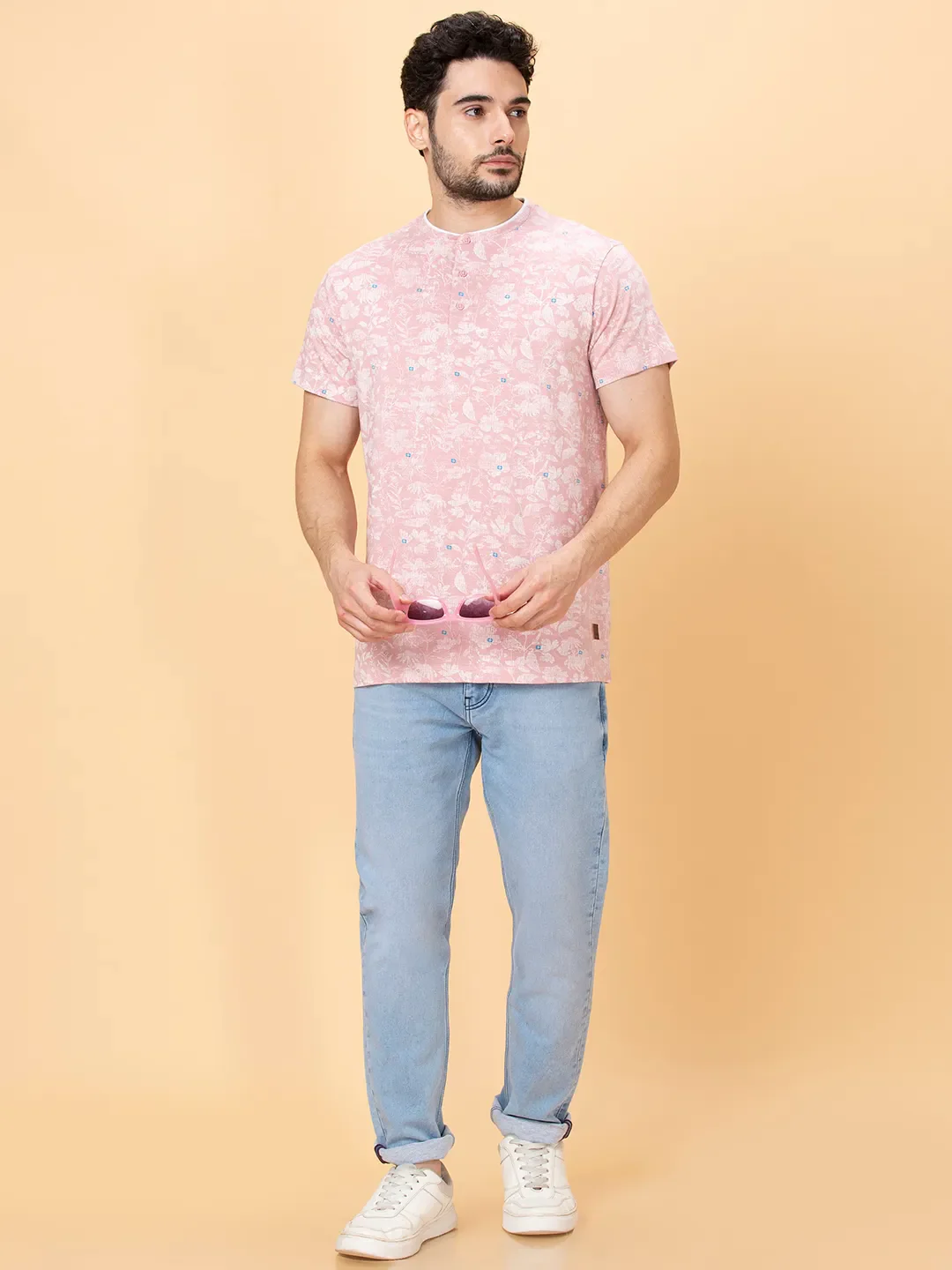 Dusty Pink Regular Fit Henley Neck Men's T-Shirt by Being Human Clothing - Image 6