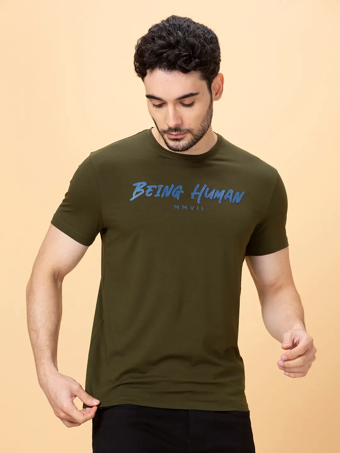 Olive Regular Fit Round Neck Men's T-Shirt by Being Human Clothing