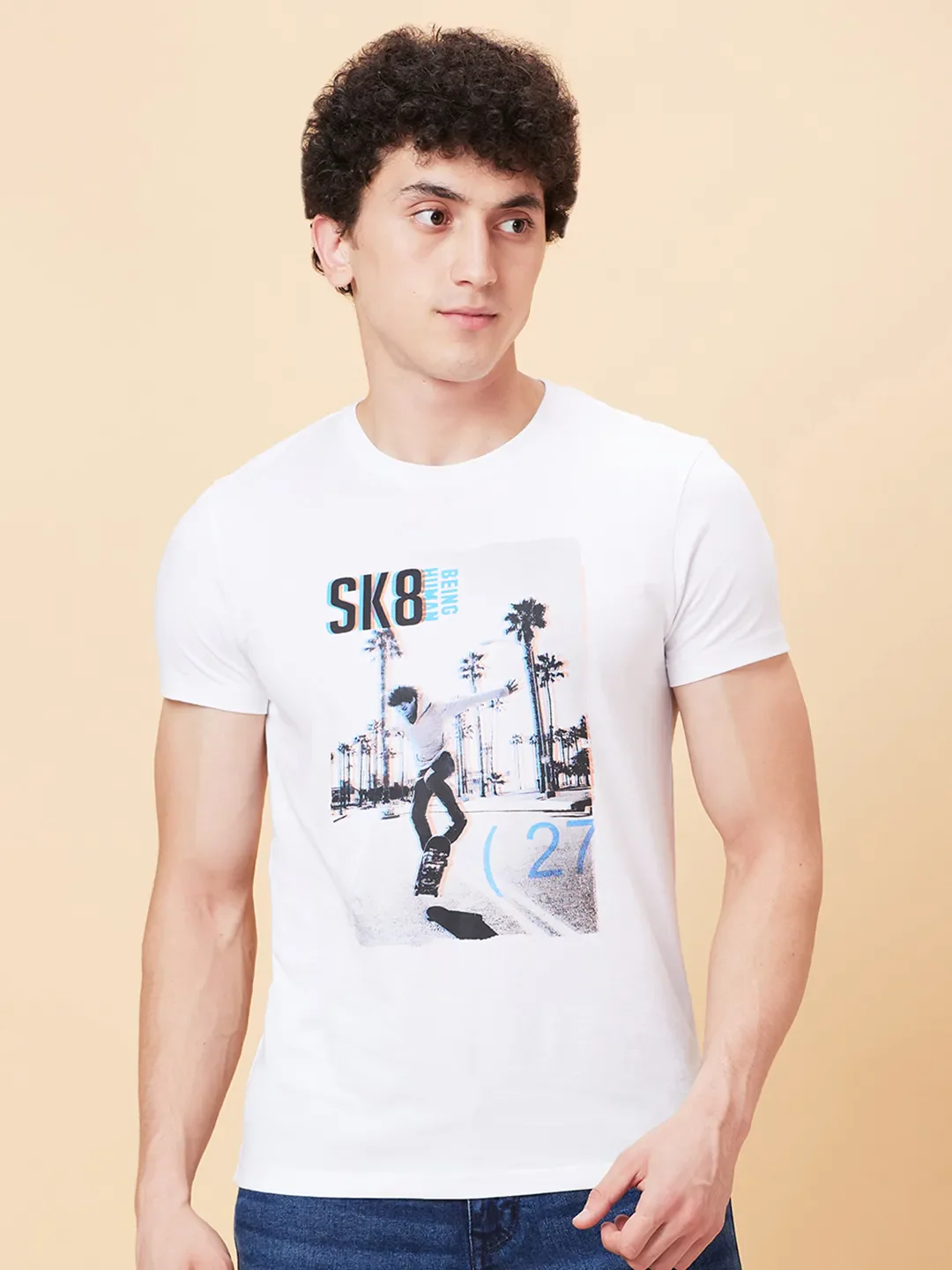White Regular Fit Round Neck Men's T-Shirt by Being Human Clothing