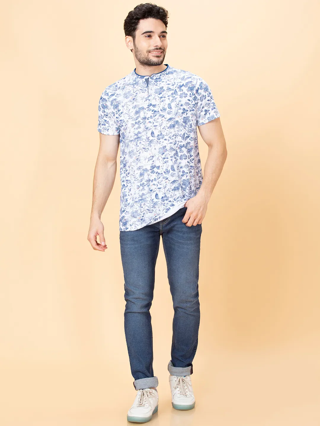 White Regular Fit Henley Neck Men's T-Shirt by Being Human Clothing - Image 4