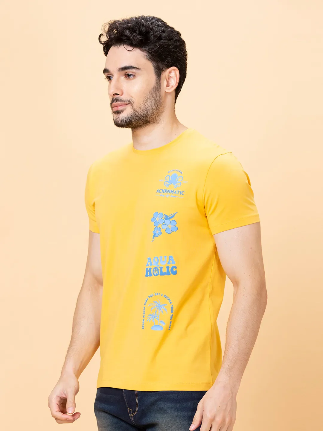 Yellow Regular Fit Round Neck Men's T-Shirt by Being Human Clothing