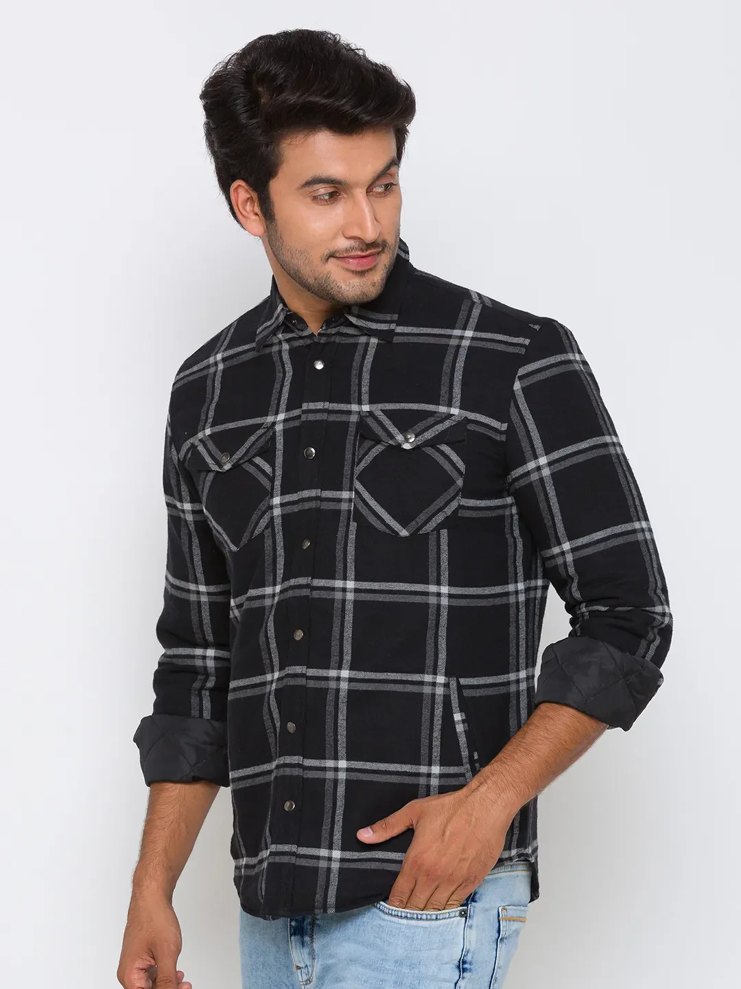 Black Oversized Fit Regular Collar Long Sleeves Cotton Men's Shirt by Being Human Clothing - Image 2
