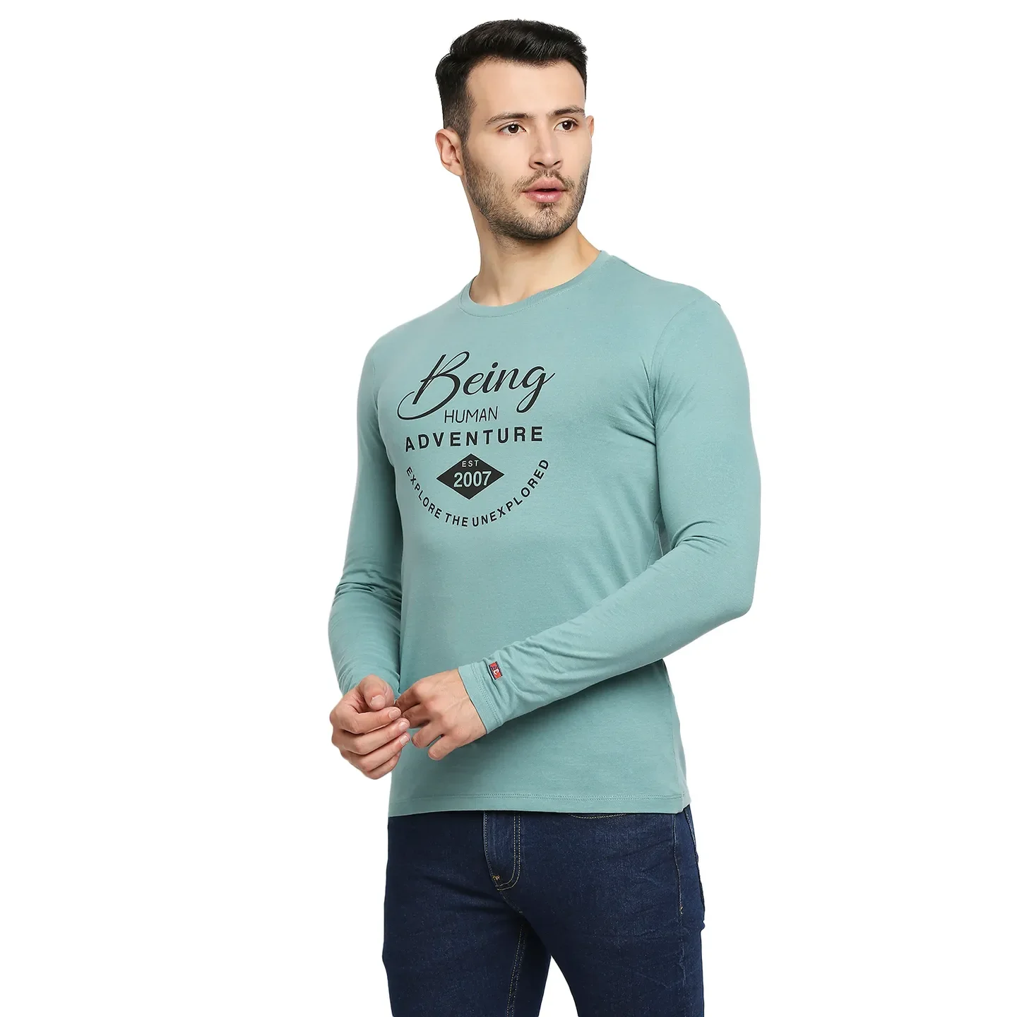 Green Regular Fit Men's Long Sleeves T-Shirt by Being Human Clothing - Image 5