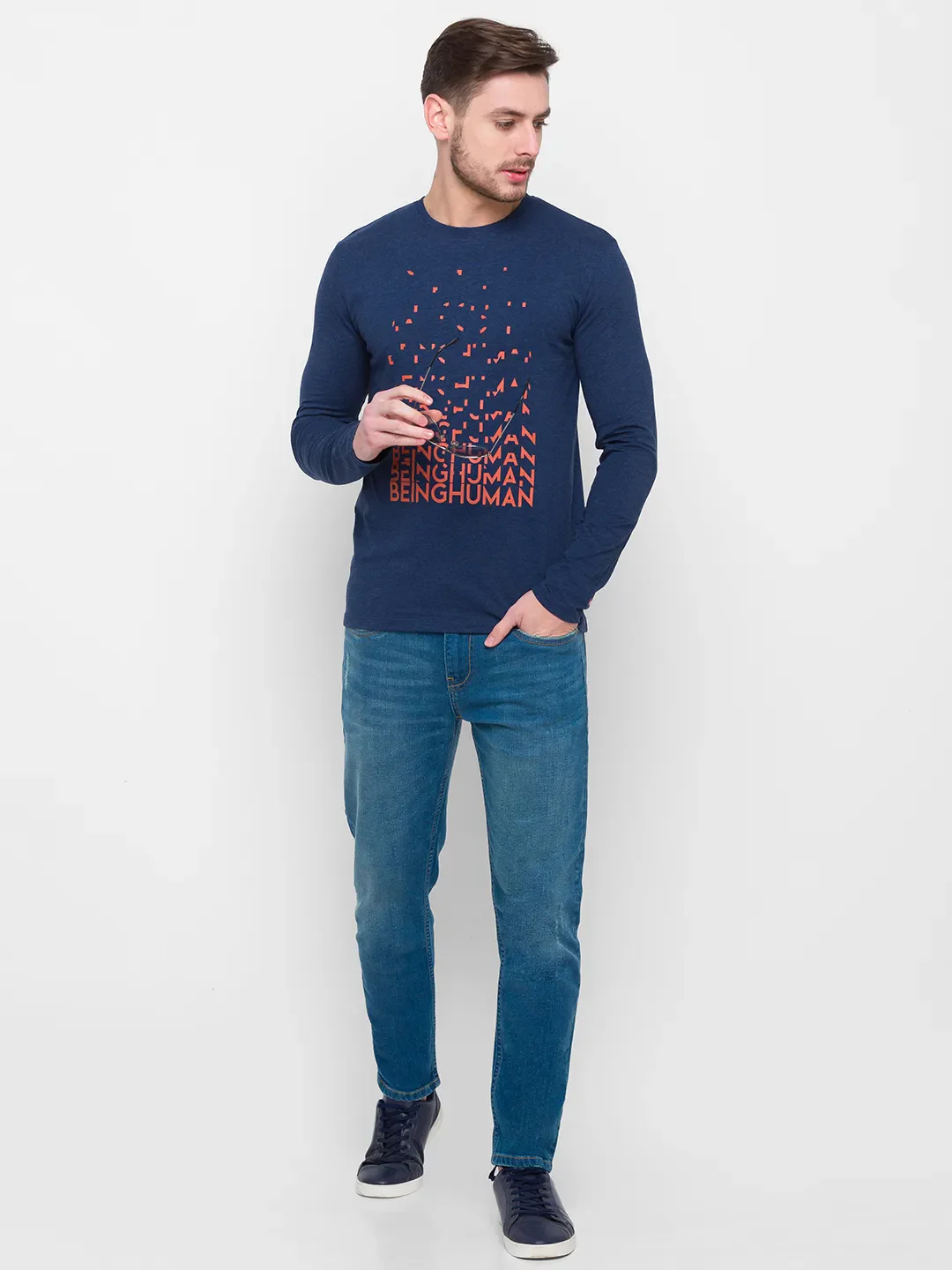 Blue Regular Fit Men's Long Sleeves T-Shirt by Being Human Clothing - Image 2