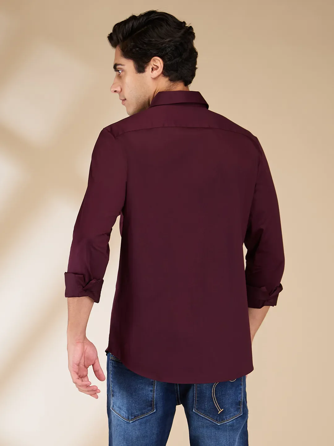 Burgundy Slim Fit Regular Collar Men's Shirt by Being Human Clothing - Image 3