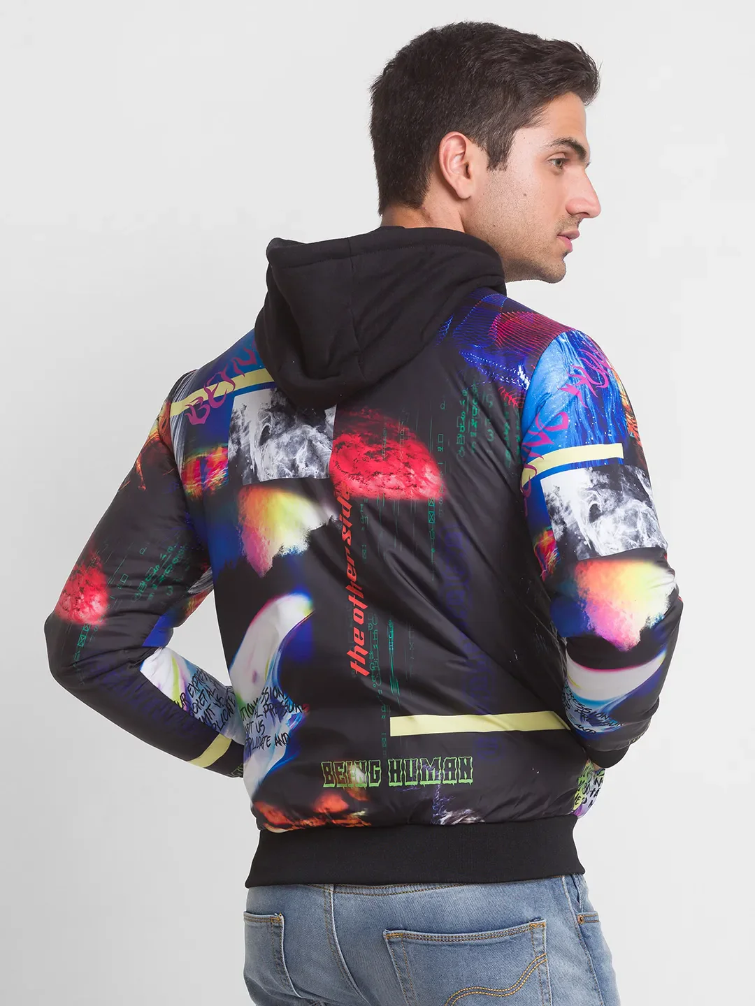 Black Regular Fit Long Sleeves Polyester Men's Jacket by Being Human Clothing - Image 3