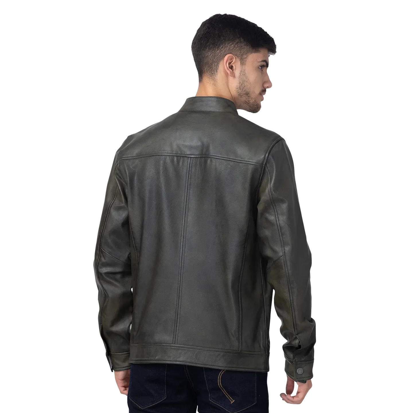 Green Regular Fit Long Sleeves Leather Men's Jacket by Being Human Clothing - Image 3