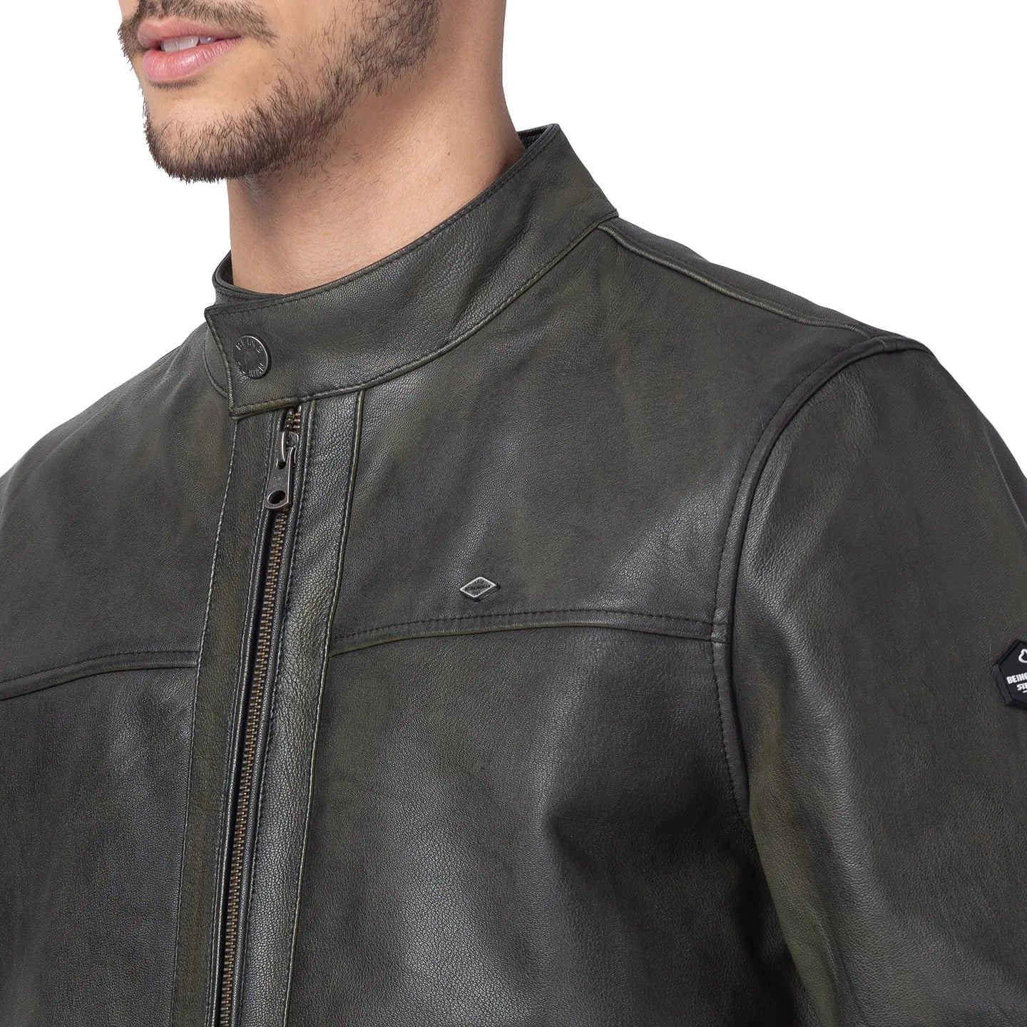 Green Regular Fit Long Sleeves Leather Men's Jacket by Being Human Clothing - Image 4