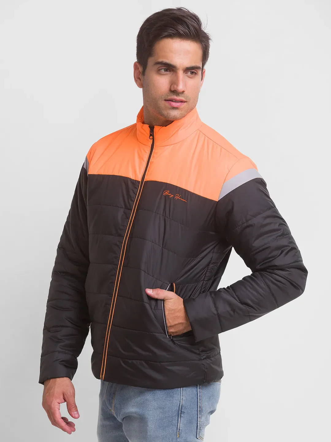 Neon Orange Regular Fit Men's Jacket by Being Human Clothing - Image 2