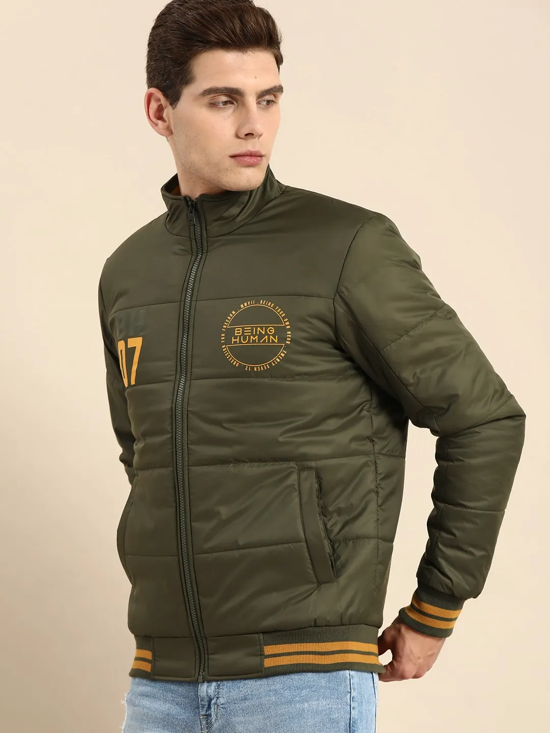 Olive Regular Fit Long Sleeves Cotton Men's Jacket by Being Human Clothing
