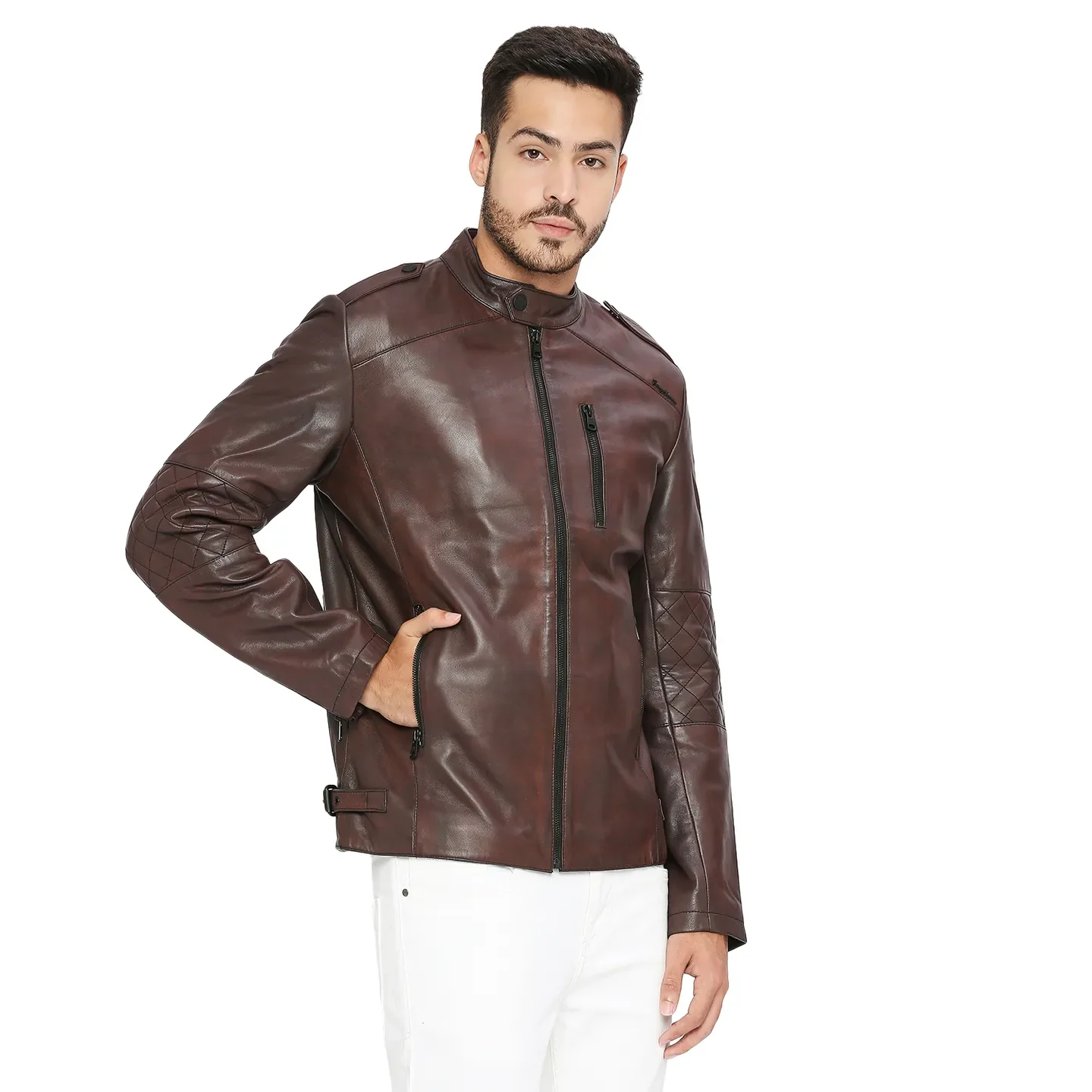 Red Regular Fit Long Sleeves Leather Men's Jacket by Being Human Clothing - Image 3