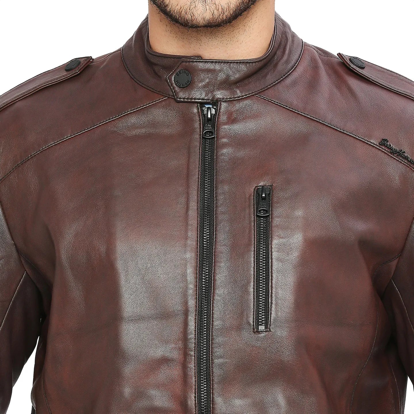 Red Regular Fit Long Sleeves Leather Men's Jacket by Being Human Clothing - Image 5