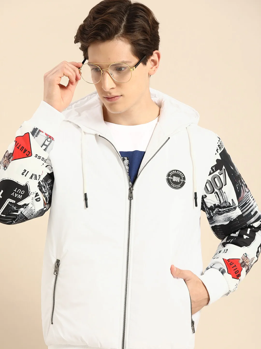 White Regular Fit Long Sleeves Cotton Men's Jacket by Being Human Clothing