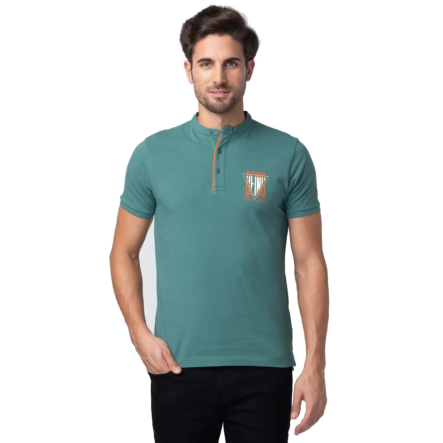 Foliage Green Regular Fit Mandarin Collar Men's Polo T-Shirt by Being Human Clothing