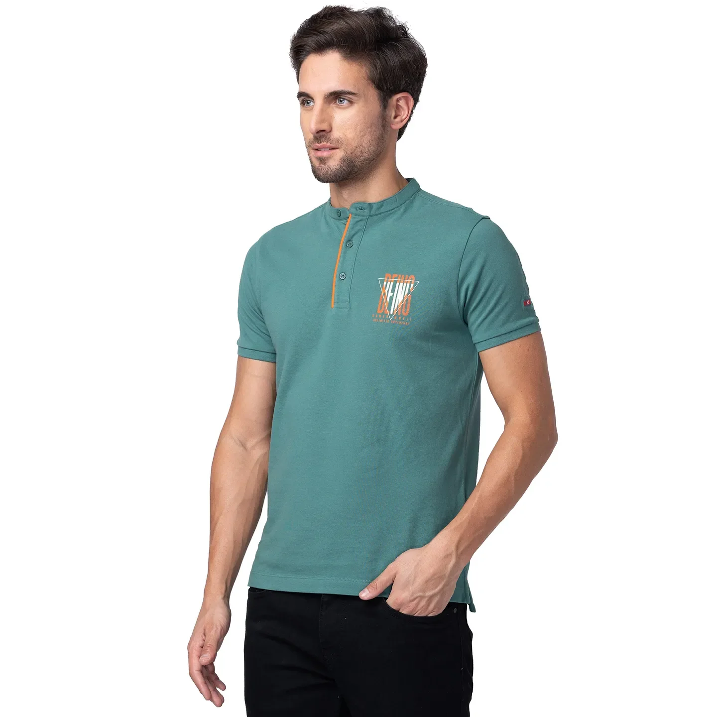 Foliage Green Regular Fit Mandarin Collar Men's Polo T-Shirt by Being Human Clothing - Image 4