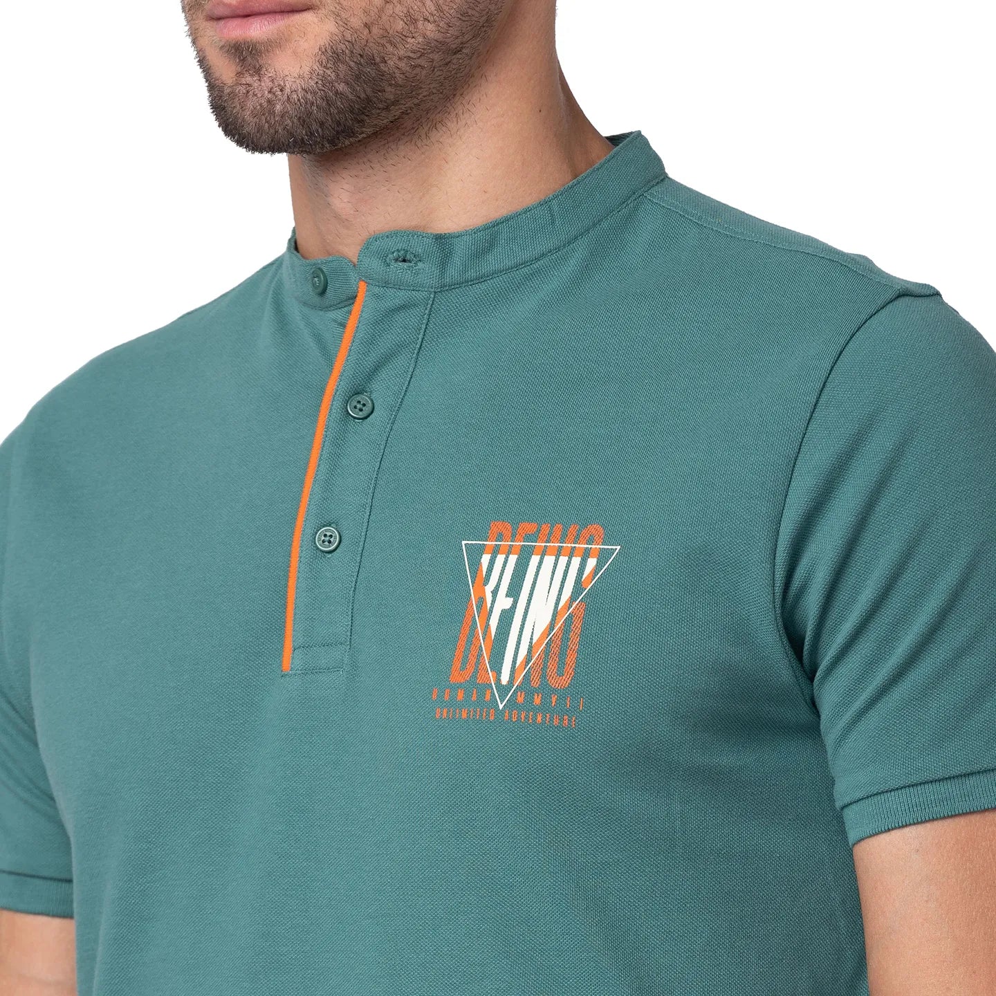 Foliage Green Regular Fit Mandarin Collar Men's Polo T-Shirt by Being Human Clothing - Image 5