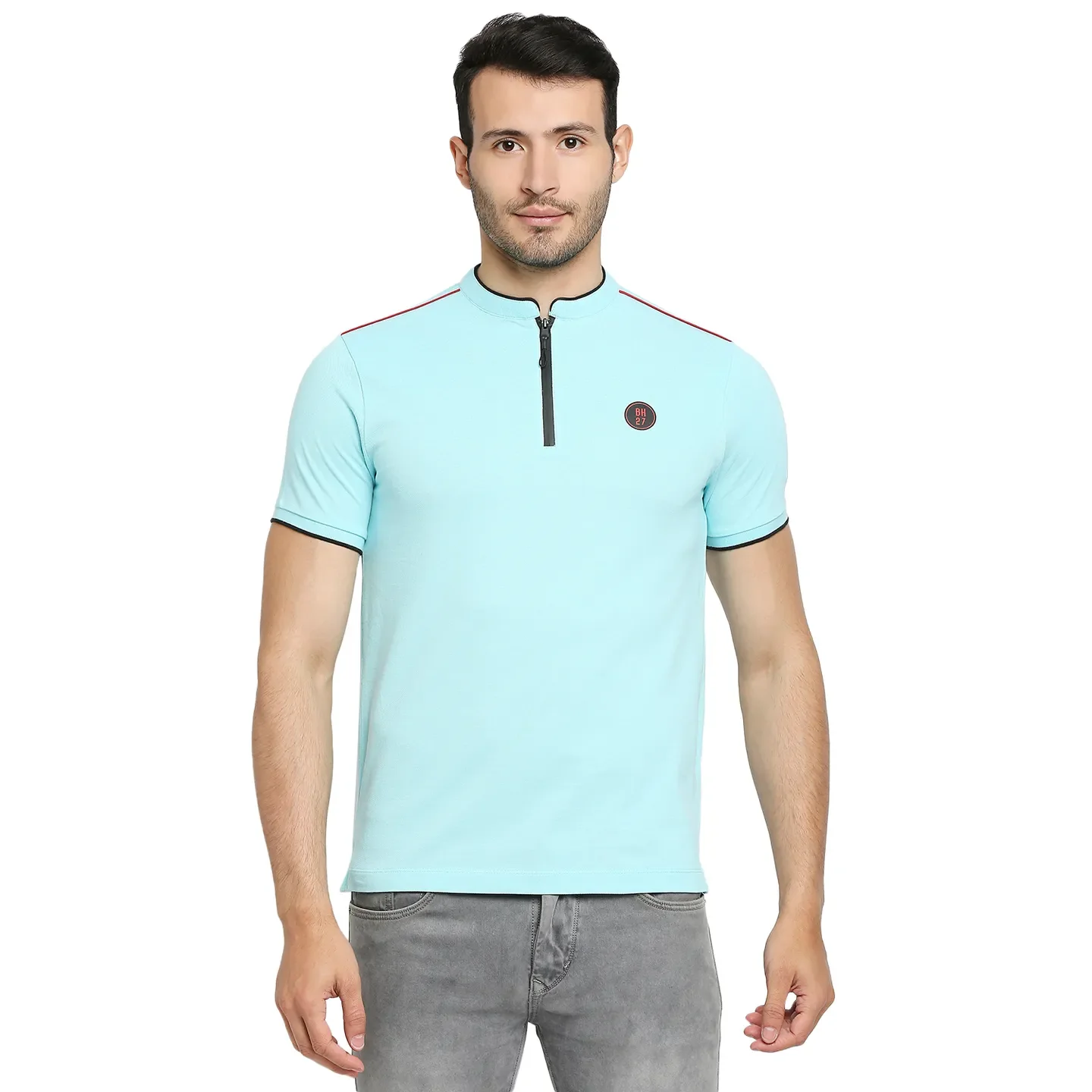 Ice Blue Regular Fit Mandarin Collar Men's Polo T-Shirt by Being Human Clothing