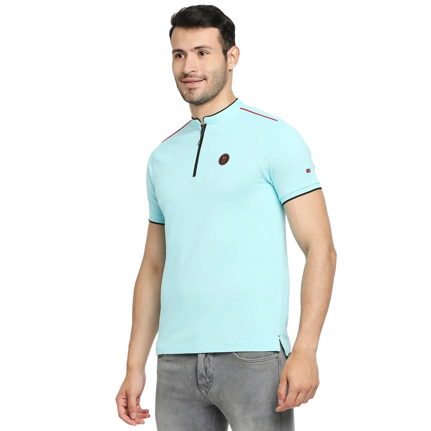 Ice Blue Regular Fit Mandarin Collar Men's Polo T-Shirt by Being Human Clothing - Image 2