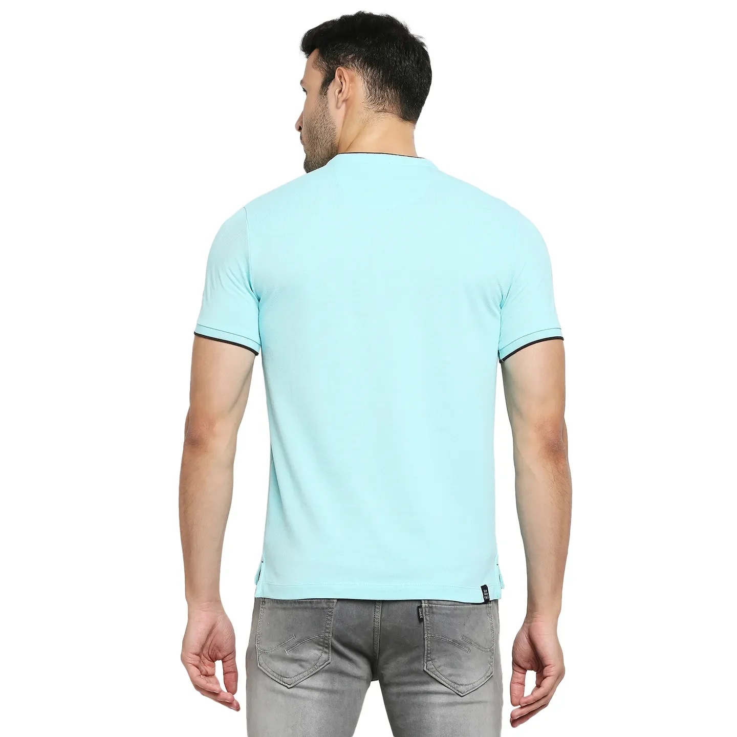 Ice Blue Regular Fit Mandarin Collar Men's Polo T-Shirt by Being Human Clothing - Image 4