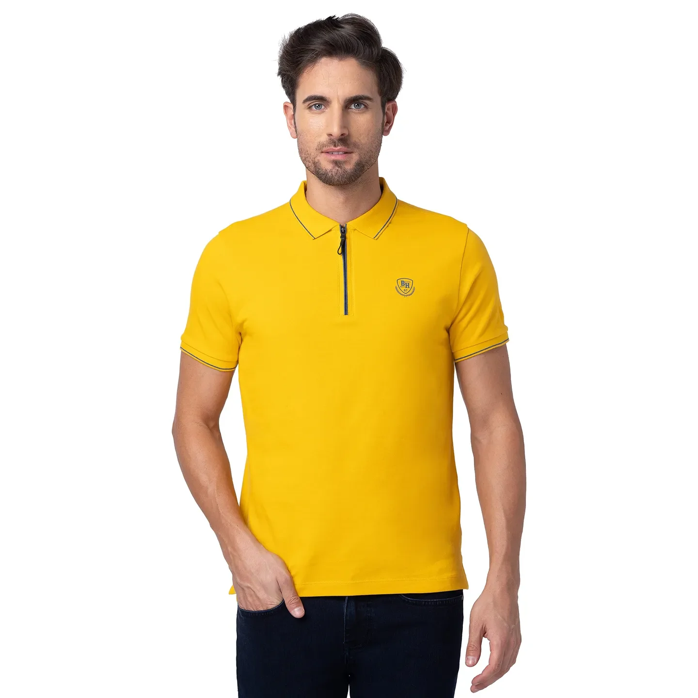 Mustard Regular Fit Mandarin Collar Men's Polo T-Shirt by Being Human Clothing