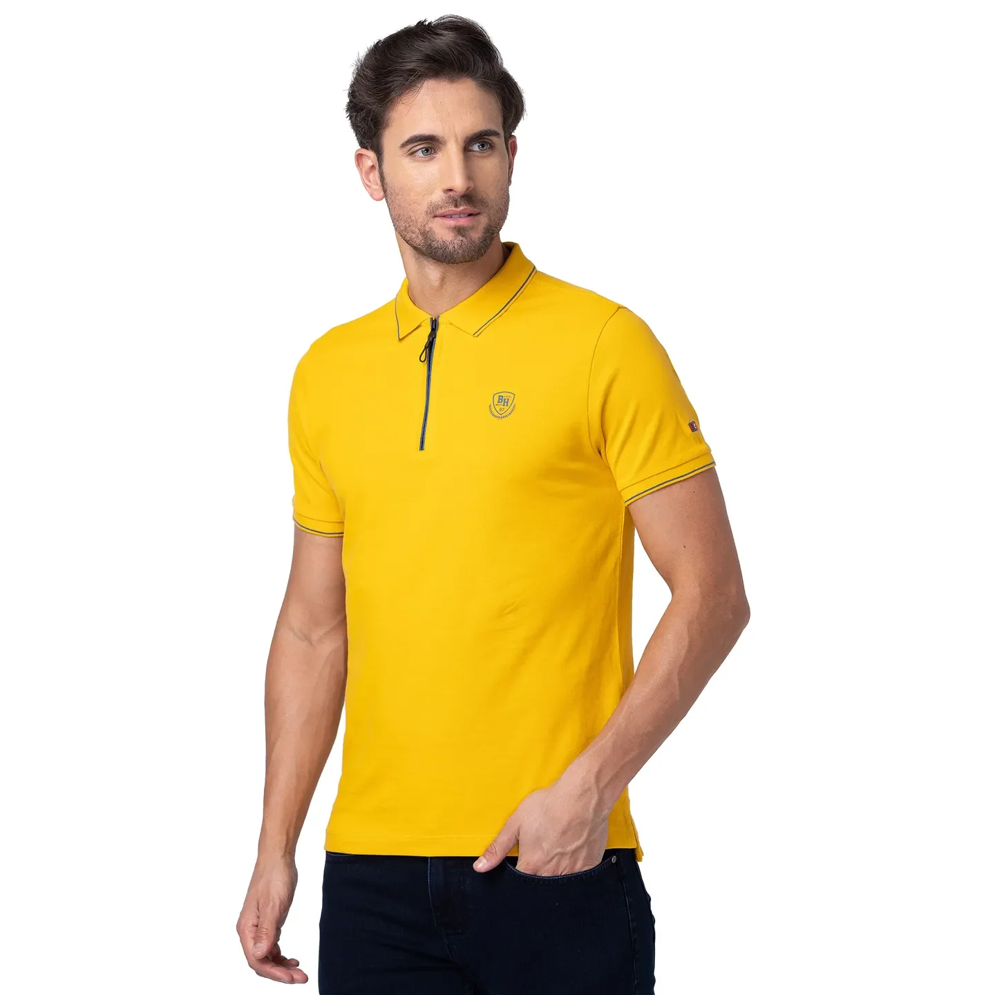 Mustard Regular Fit Mandarin Collar Men's Polo T-Shirt by Being Human Clothing - Image 4