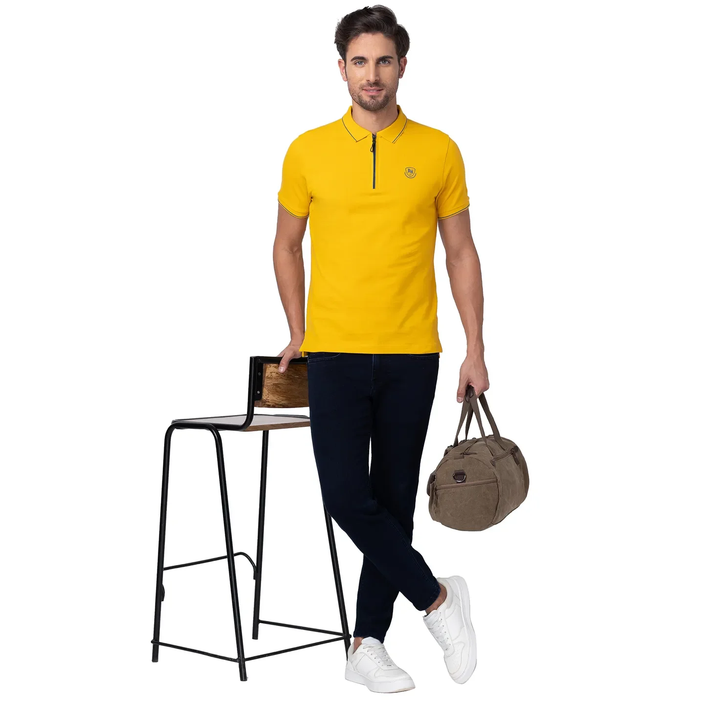 Mustard Regular Fit Mandarin Collar Men's Polo T-Shirt by Being Human Clothing - Image 6