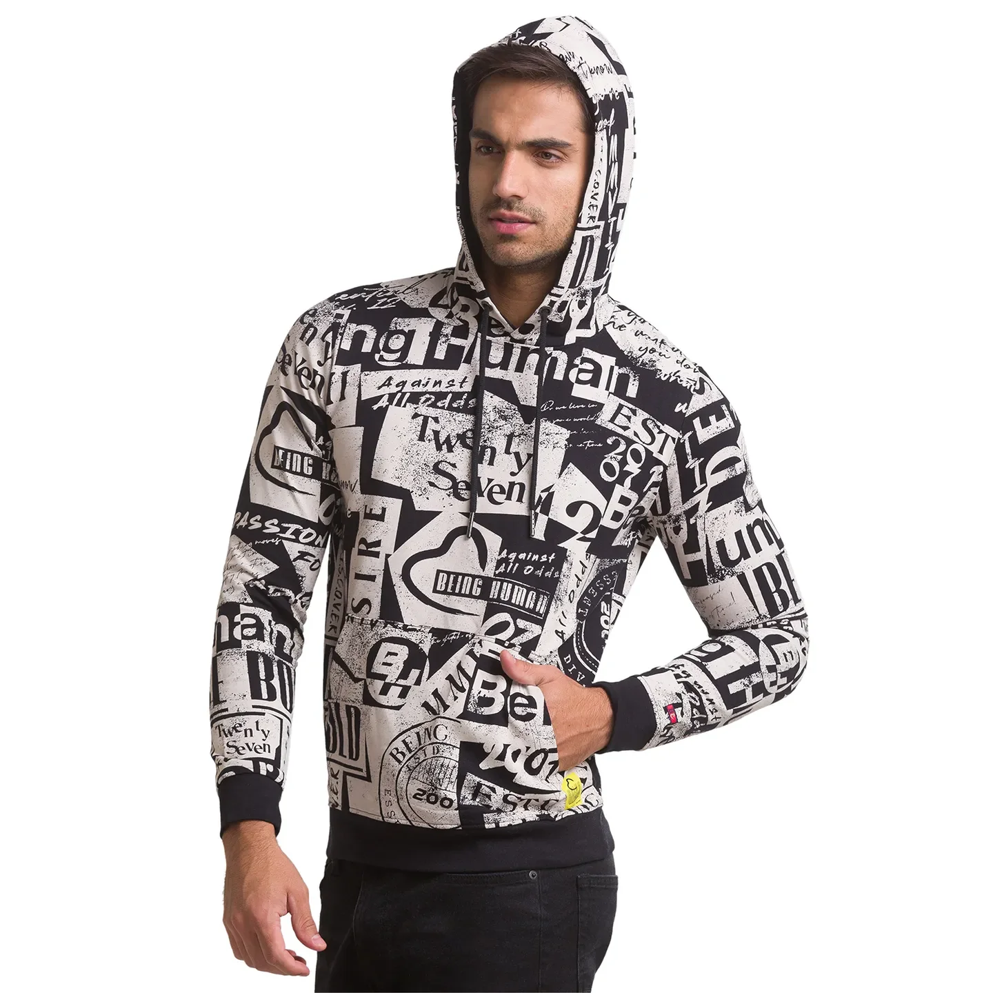 Black Regular Fit Round Neck Long Sleeves Cotton Men's Hoodie by Being Human Clothing - Image 2